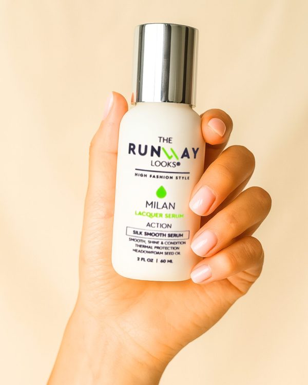 The Runway Looks Lacquer Serum applied to smooth hair